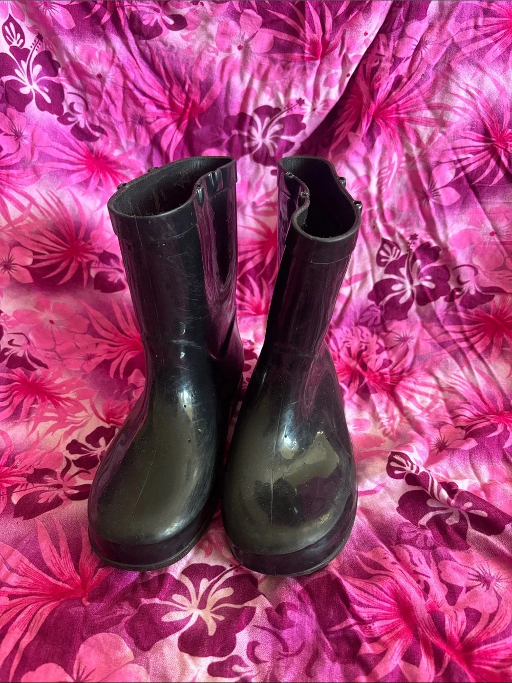 Shiny Black Rubber Mid-Calf Rain Boots